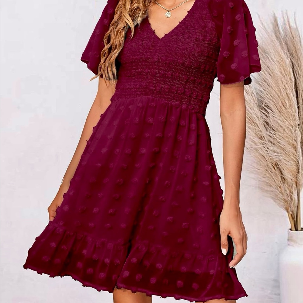 Red Swiss Dot Burgundy Sundress w/ Flutter Sleeves and V-Neck for Wedding Guest